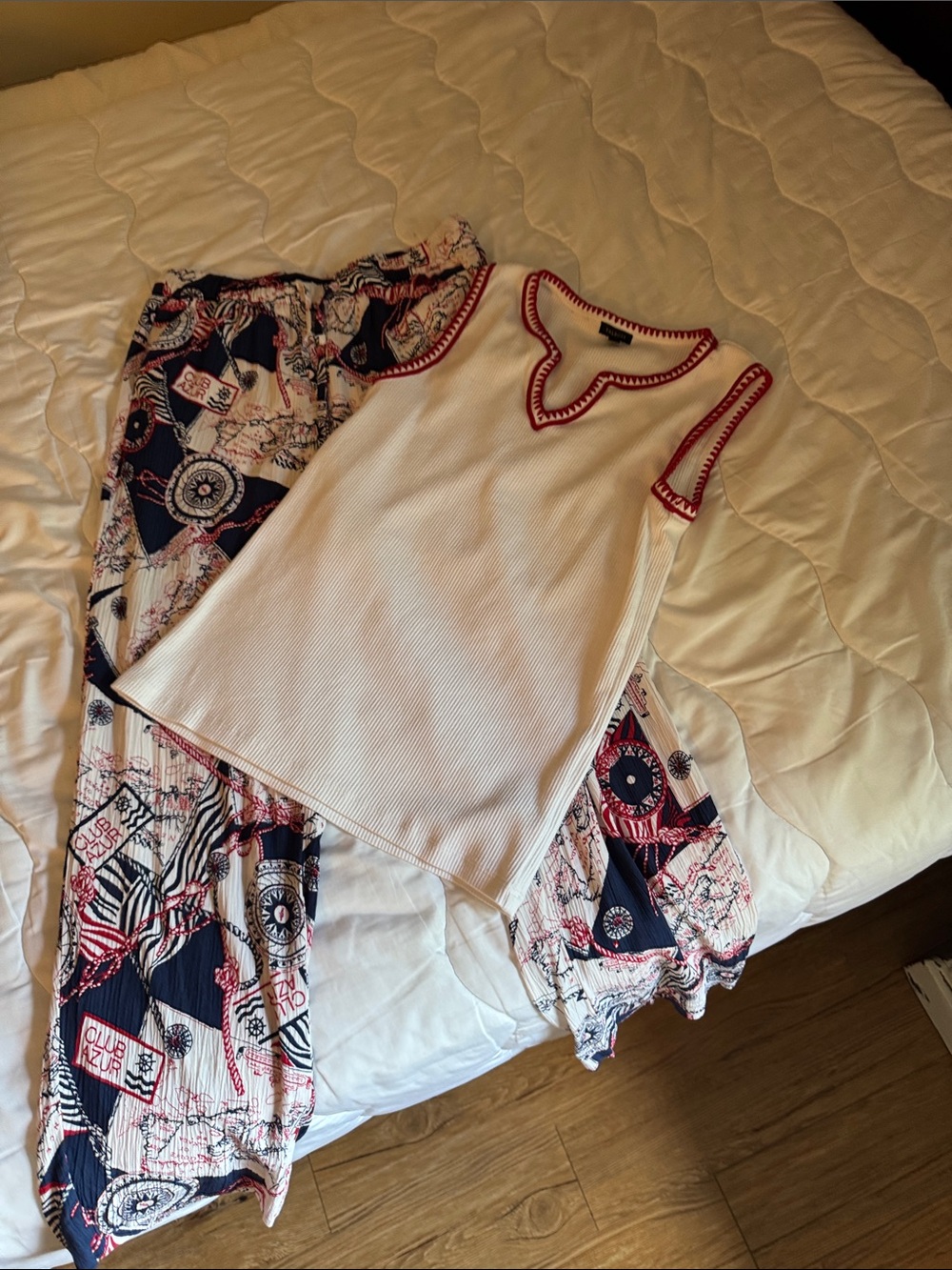 Talbots White Tank with Red Trim and Navy Red Patterned Pants